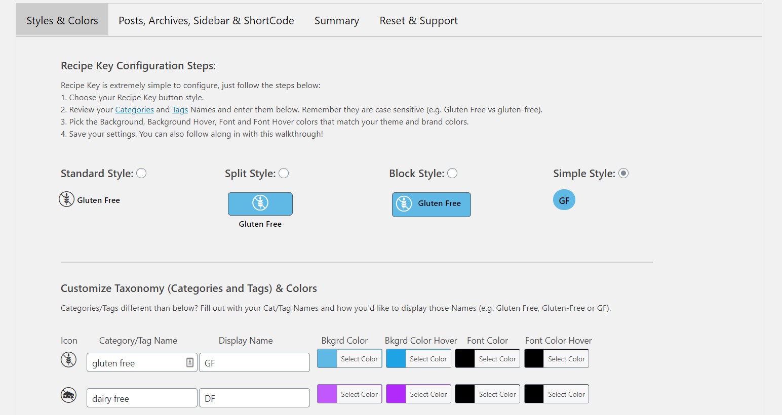 Recipe Key Configuration Page