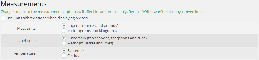 Standardized measurements. Once selected in the options, only the measurements selected will show up in the recipes editor assuring a standard way of writing recipes across your blog.