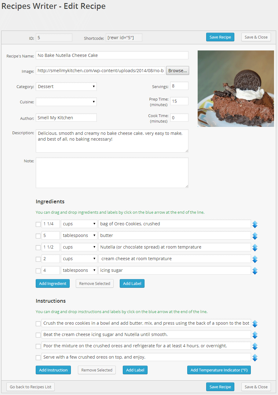 It looks great when filled out! Notice the blue arrows besides the ingredients and the instructions: they help you drag and reorder them after the fact. No more cut and paste!