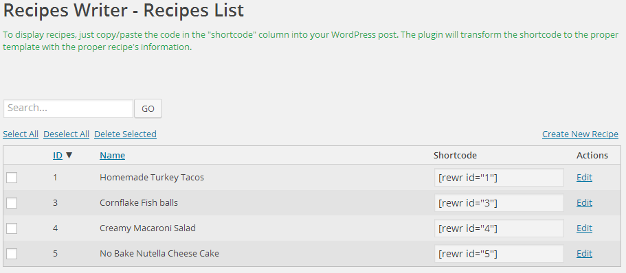 Your entire recipes list in one window. Easy to grab shortcodes to input in your posts.