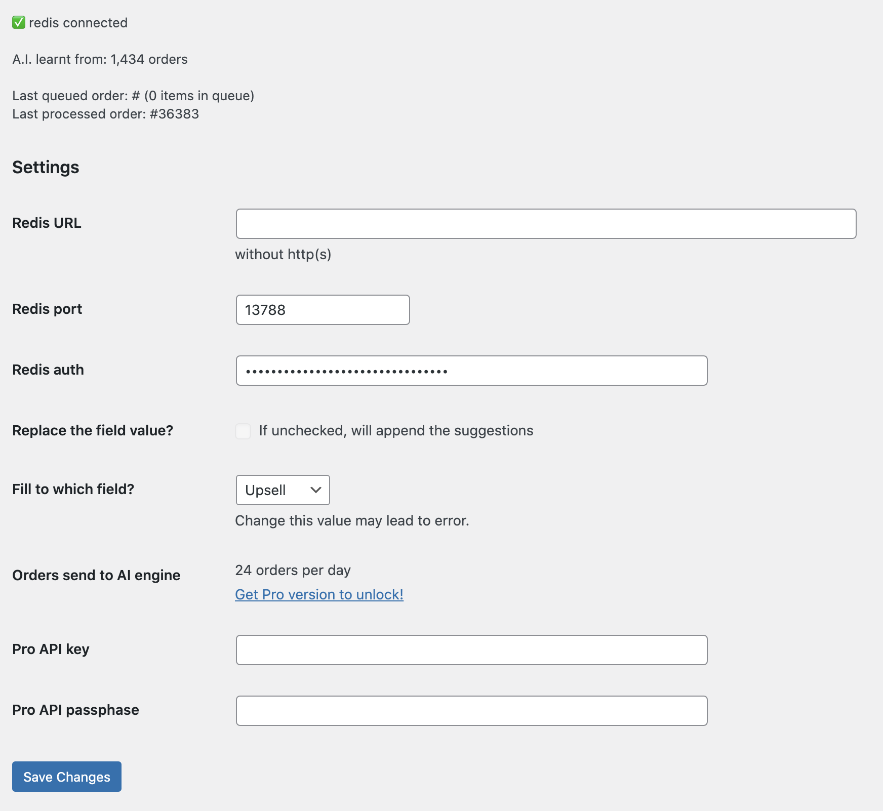 Settings page