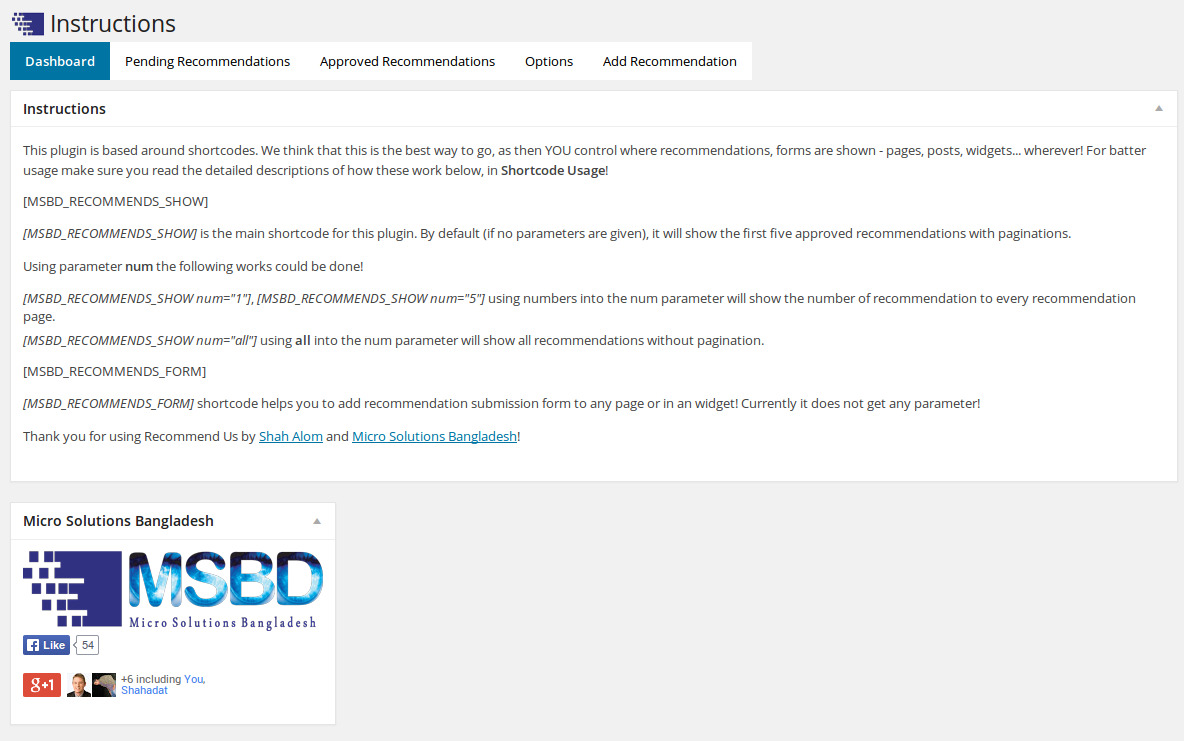 Admin instruction page describing about the shortcodes!