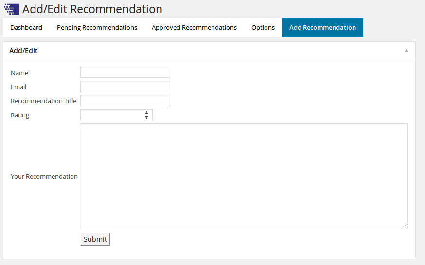 Admin form to add new recommendation or edit submitted one.