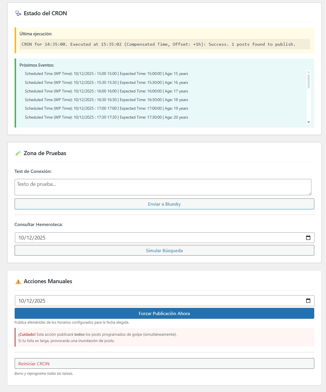 Diagnostic section with CRON status and testing tools.