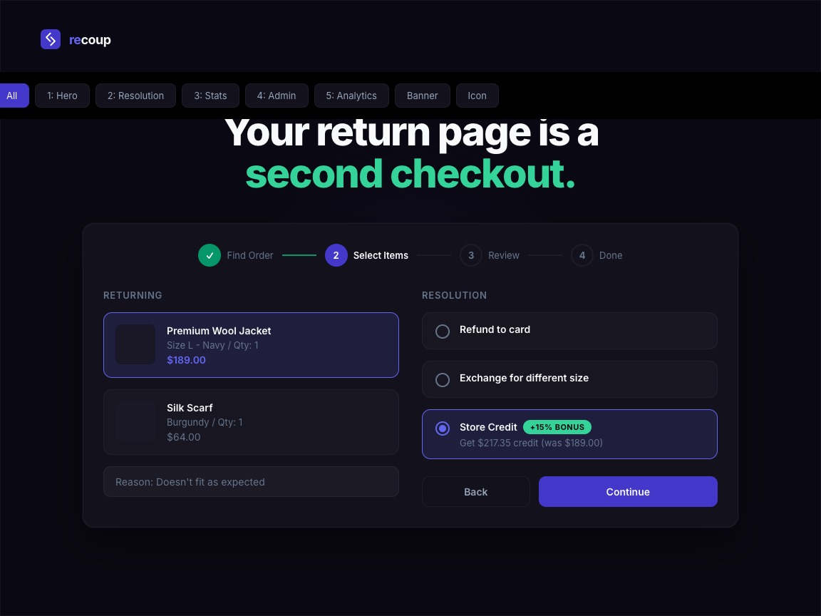 Admin returns list with filterable columns for status, date, customer, and resolution type.