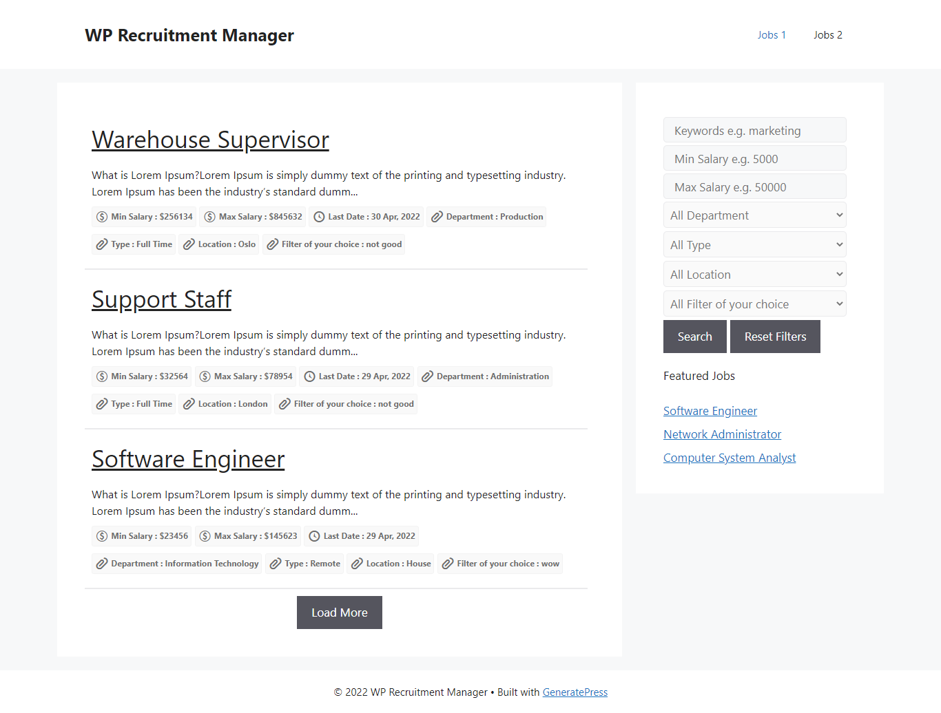Jobs list - With Filters On Sidebar