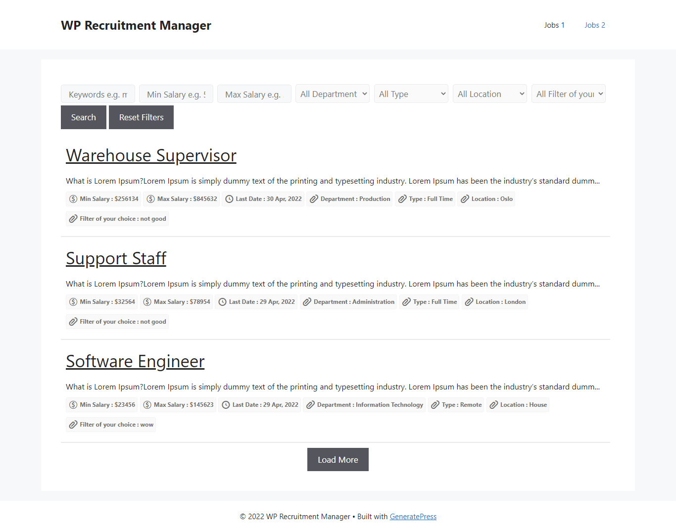 Jobs list - With Filters On Top