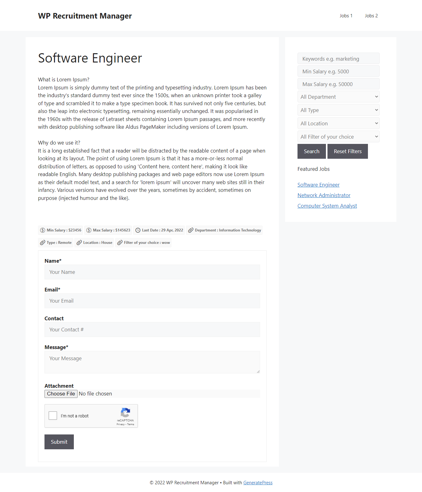 Job Detail with captcha enabled apply form