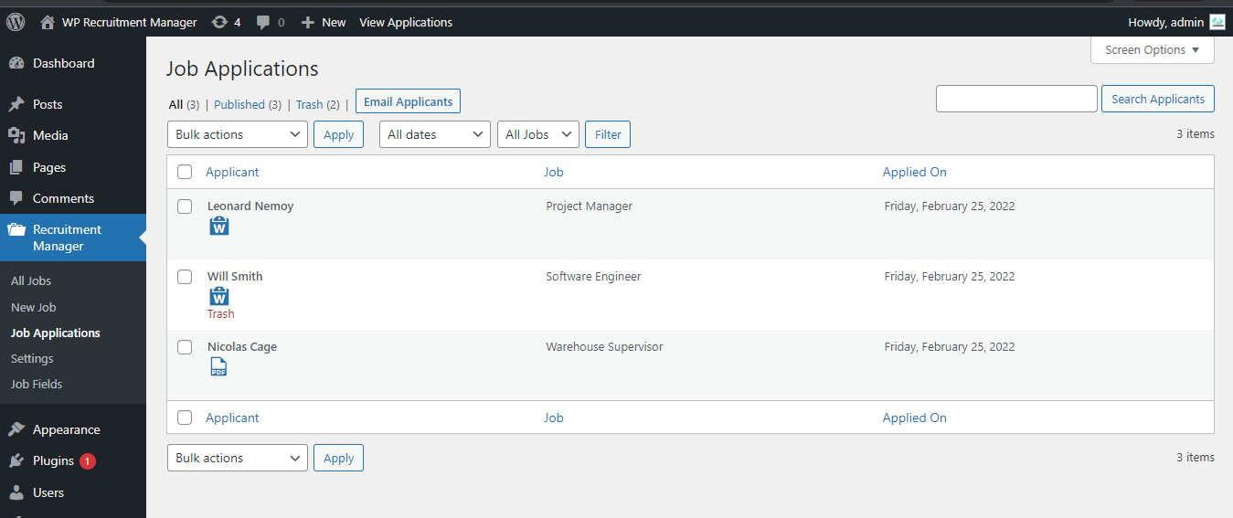 Admin jobs list