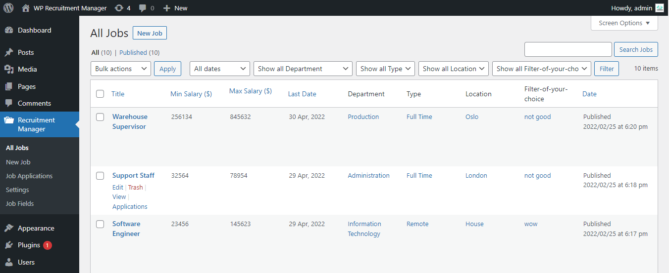 Admin applications list