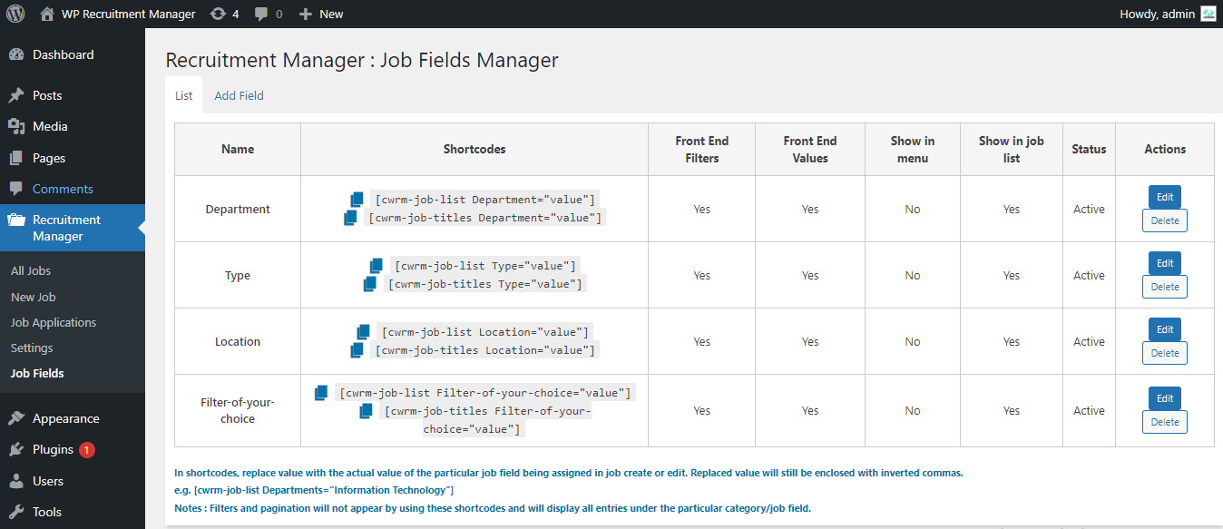 Admin Filters