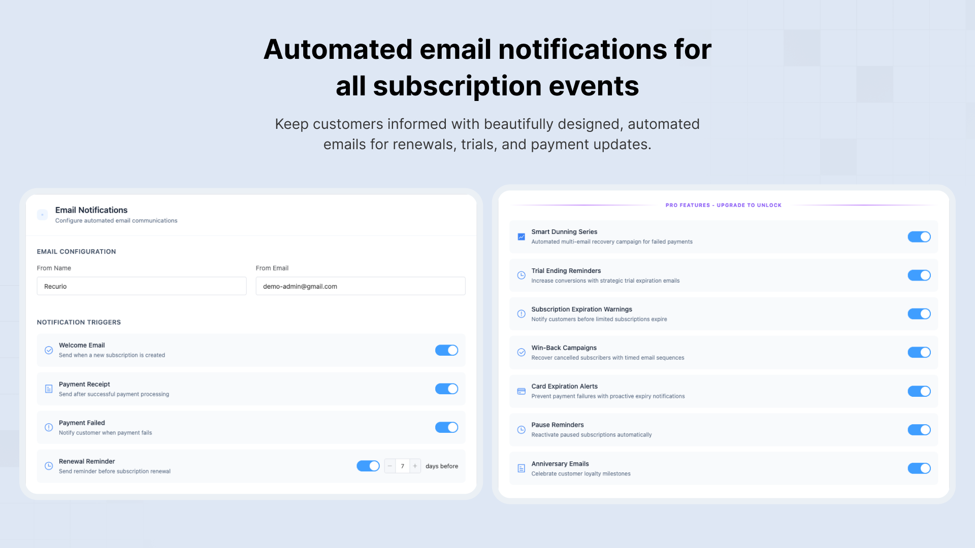 Automated email notifications for all subscription events