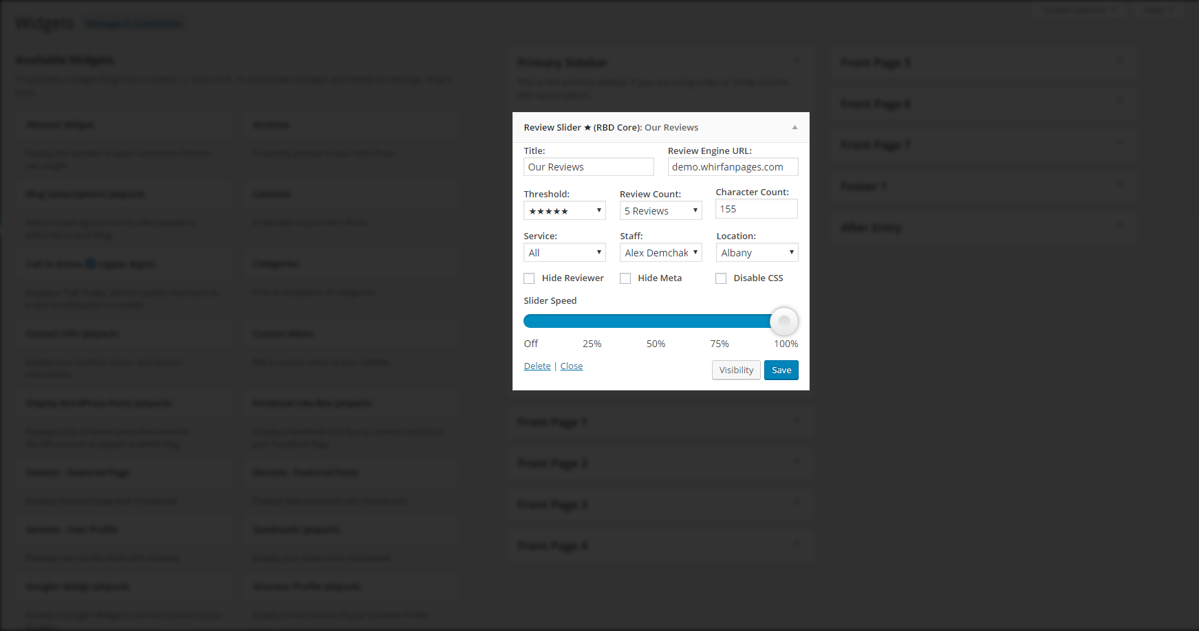 Using the Review Slider widget in a sidebar widget area.