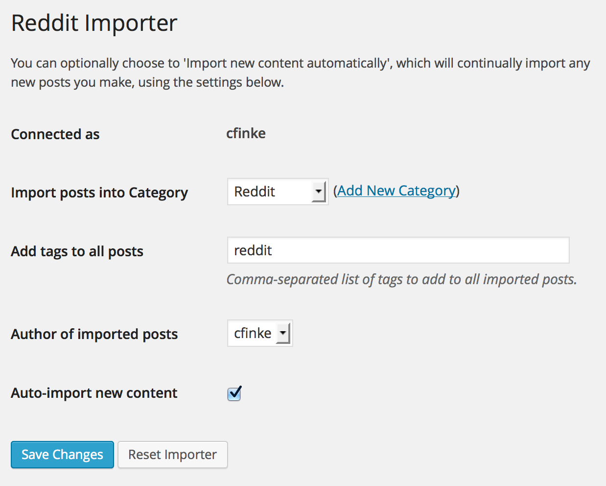 The form for customizing the importer.