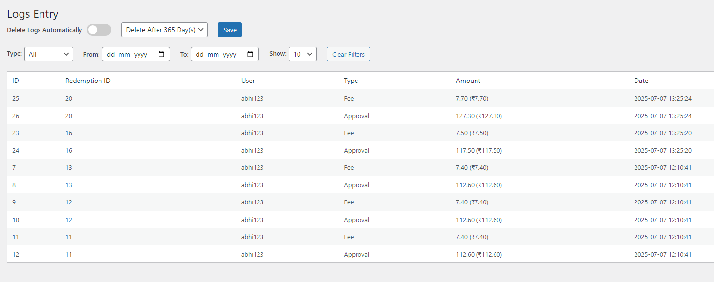 Redemption history table with filters and pagination.