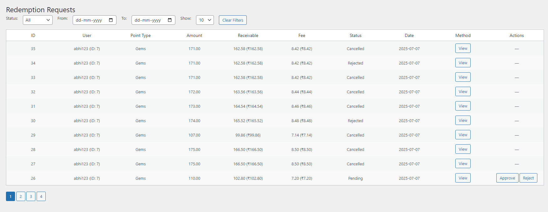 Admin dashboard: view and manage redemption requests.