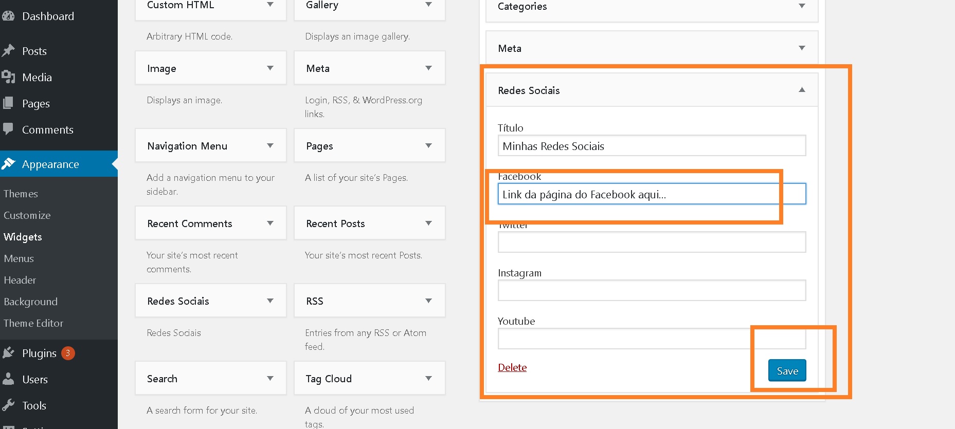 screenshot-3 - Cadastrando os links das redes sociais.