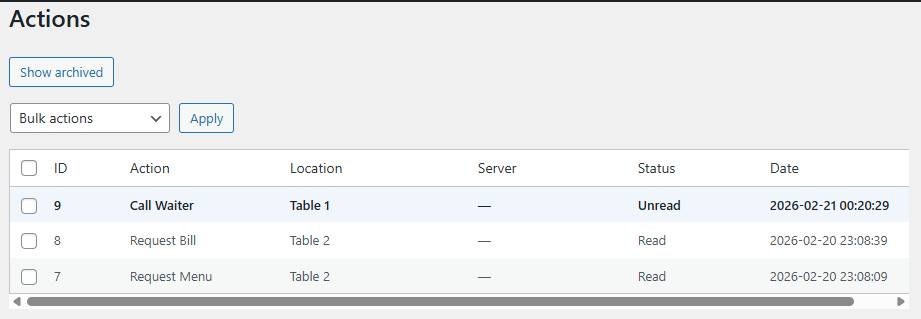 Staff/waiter view — live list of guest requests with table number and time, on phone or tablet.