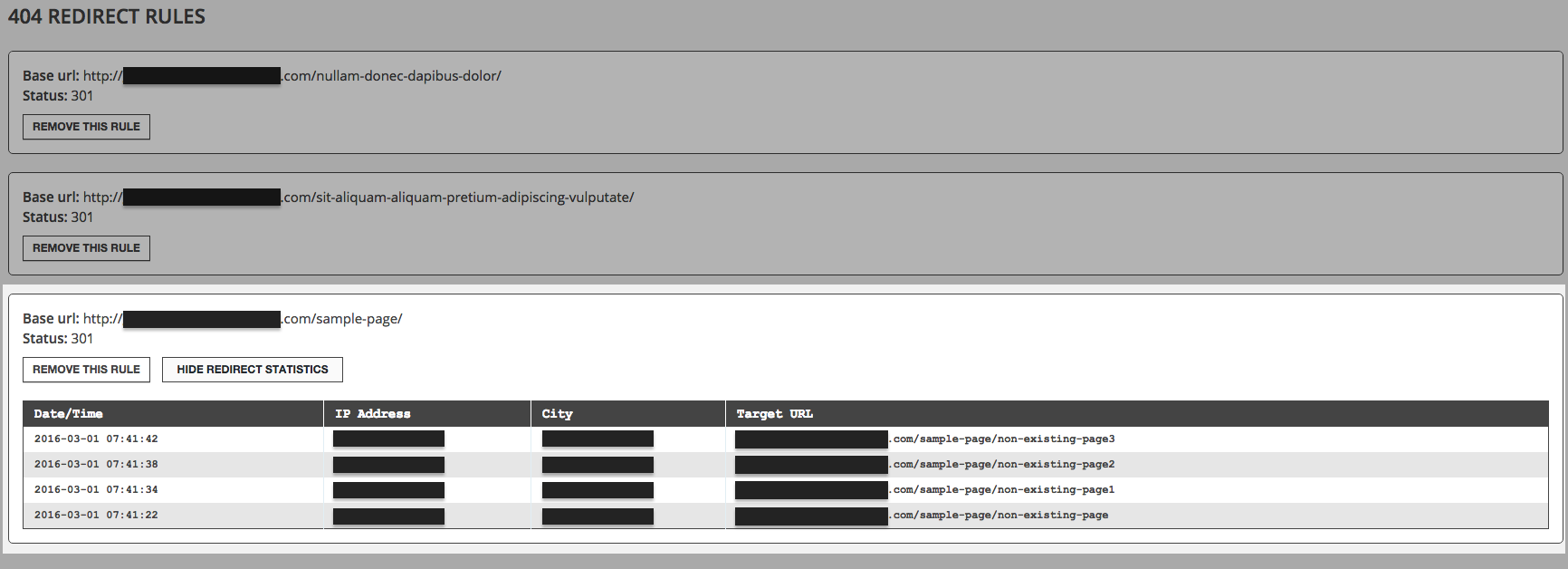 View / Remove redirect rules & statistics