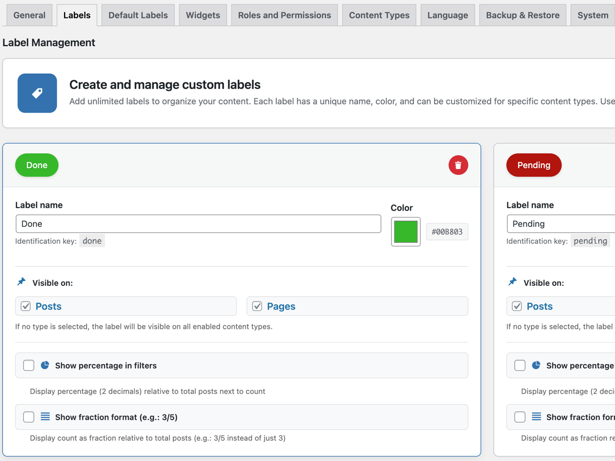 Meta box for assigning labels to content