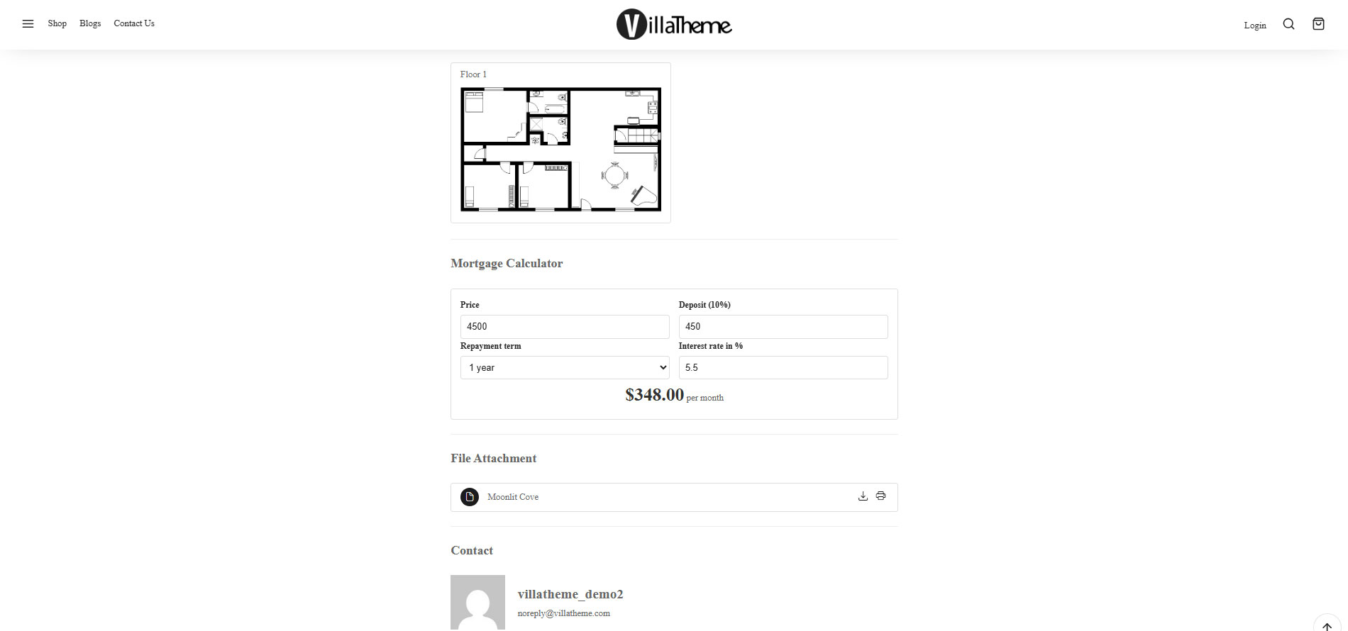 Real estate product floor plan and mortgage calculator and file attachment and contact