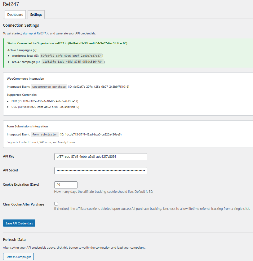 **Settings Panel** – Easy API credential management and configuration