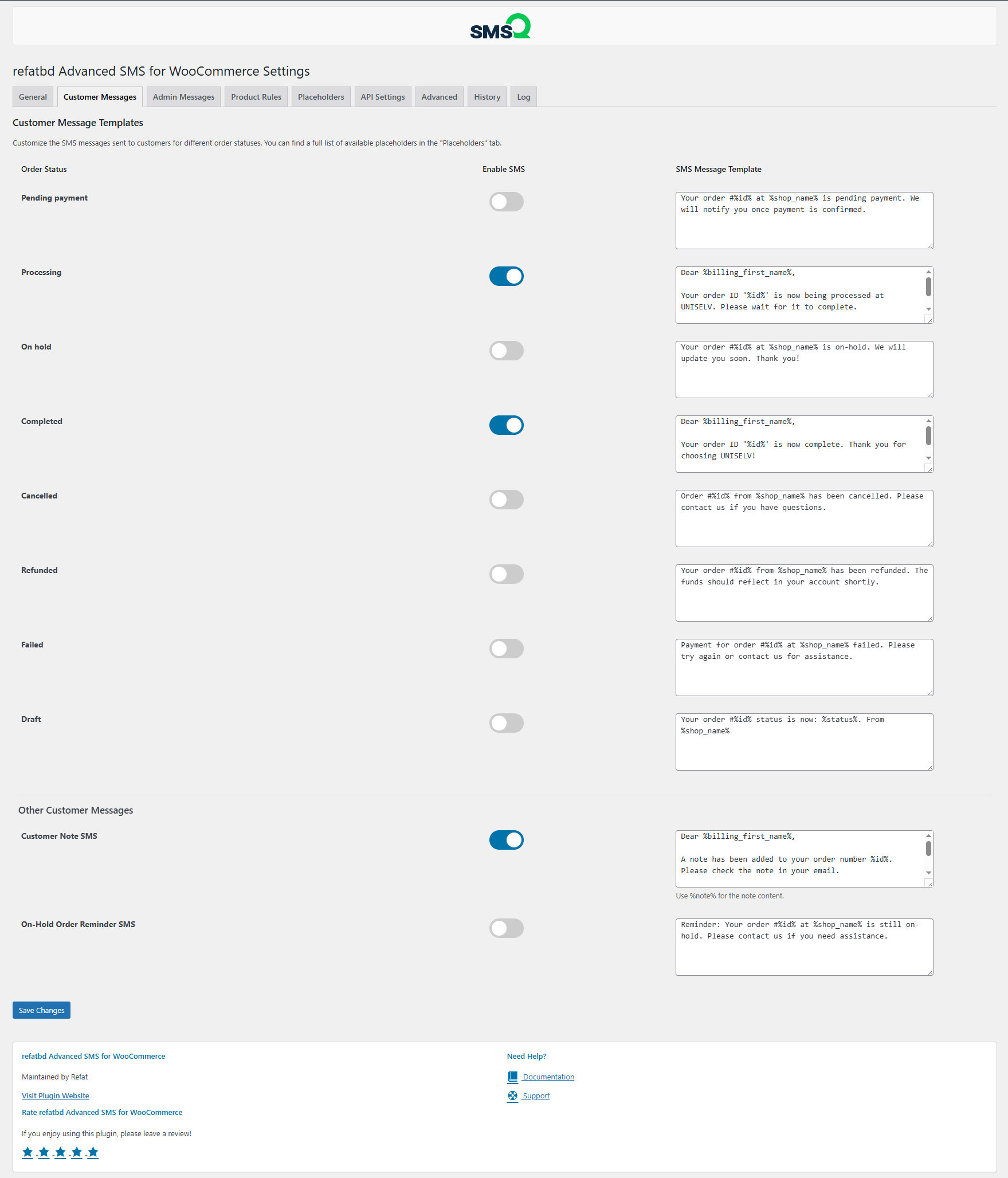 Admin Settings - Customer Messages Tab