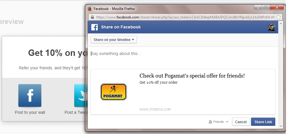Refer a Friend - Sharing an offer using Facebook.