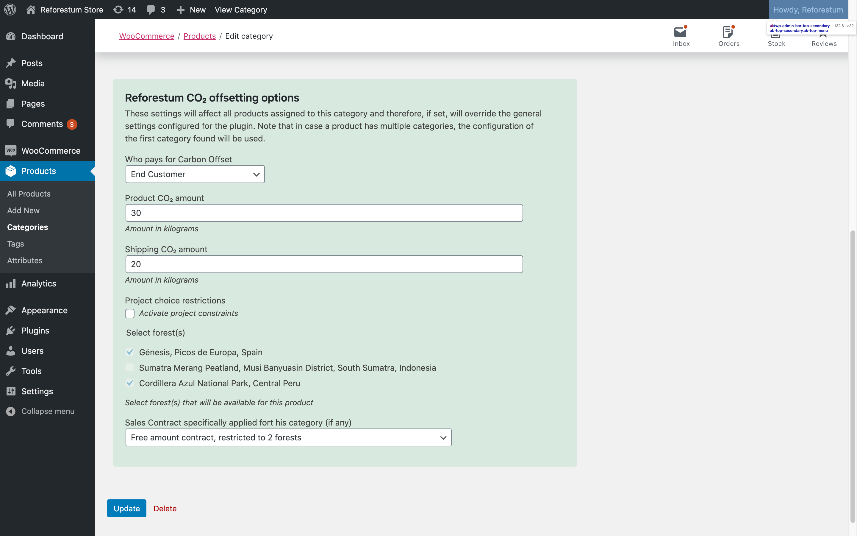 Category offset settings