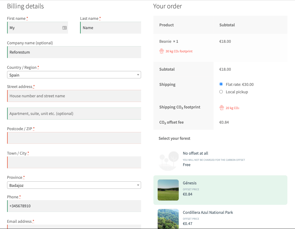 CO2 offset and forests selection in checkout page