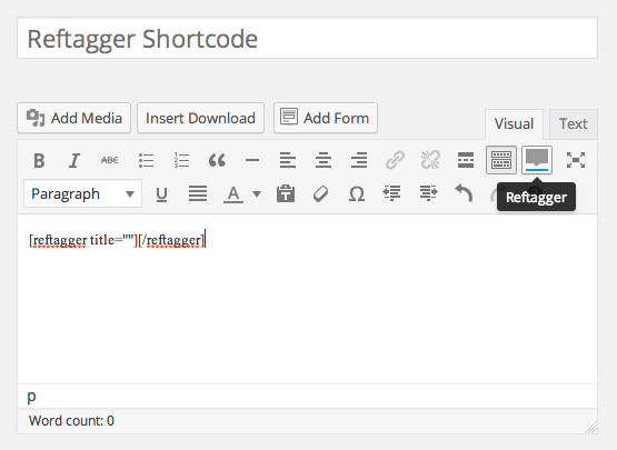 The Reftagger Shortcode adds a new icon to your Visual Editor.