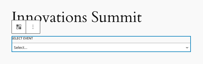 The event form selection in the block editor, when editing a post.