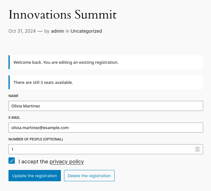 The event form displayed in a post; the user is editing a previously created registration.