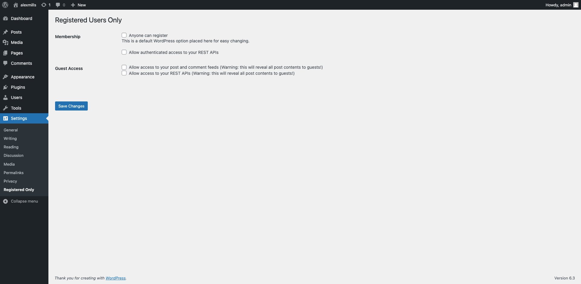 The plugin's options page.