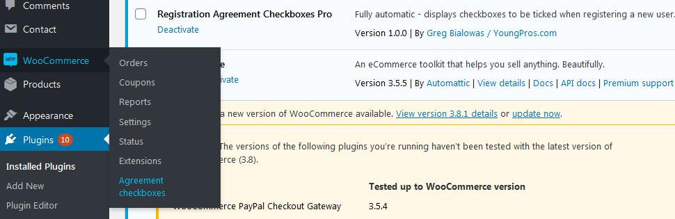 In the WooCommerce settings you'll see two tabs "Agreement checkboxes" and "Double password"