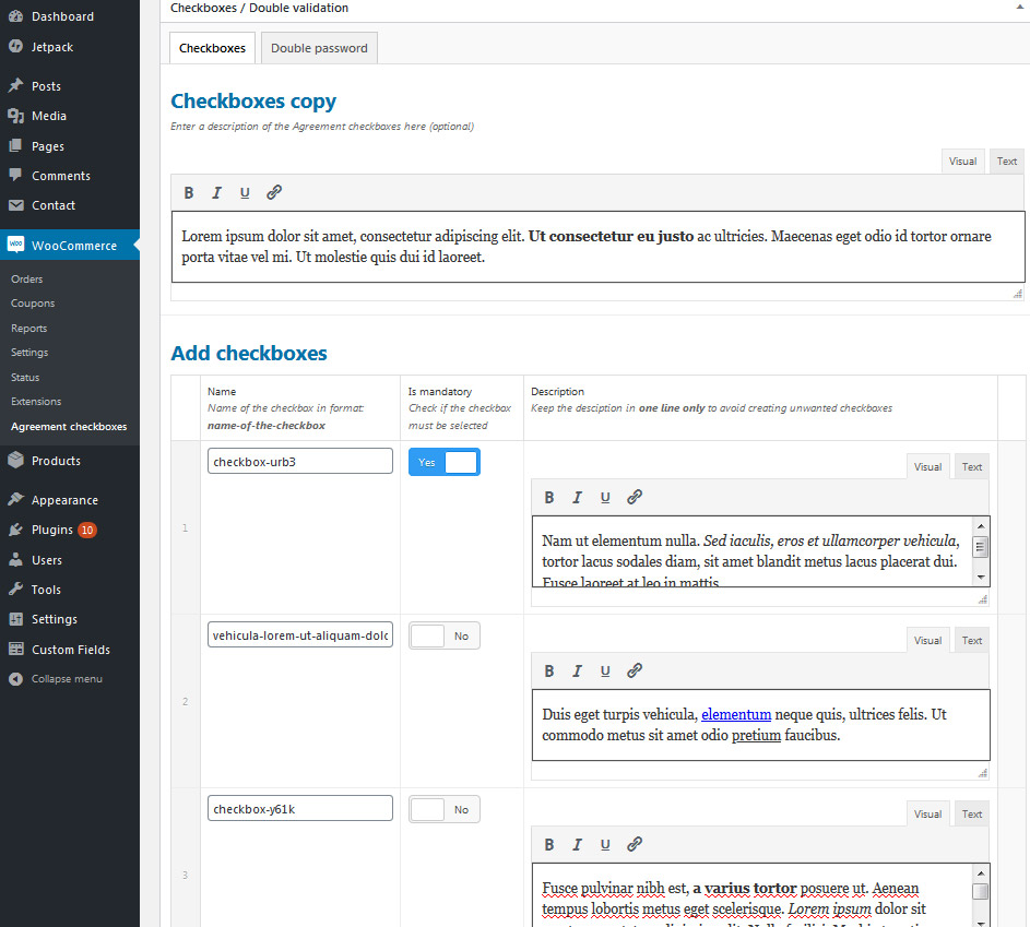 Agreement checkboxes - Add / edit checkboxes by following the pattern