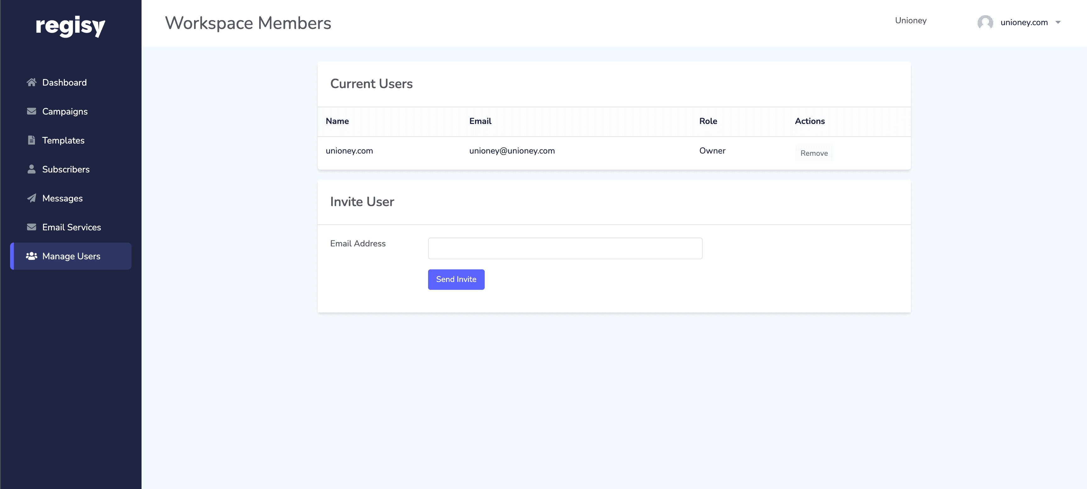 My Regisy dashboard Workspaces overview.