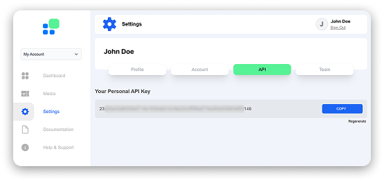 Copying the API Key from the Reimage dashboard.