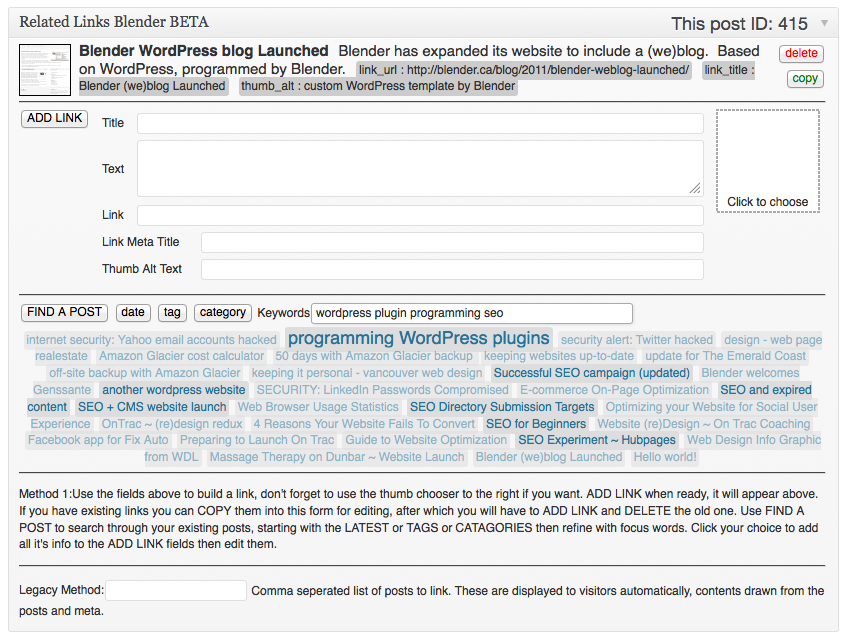 The post editing panel where the magic happens. The post finder used to quickly track down the perfect post for linking.