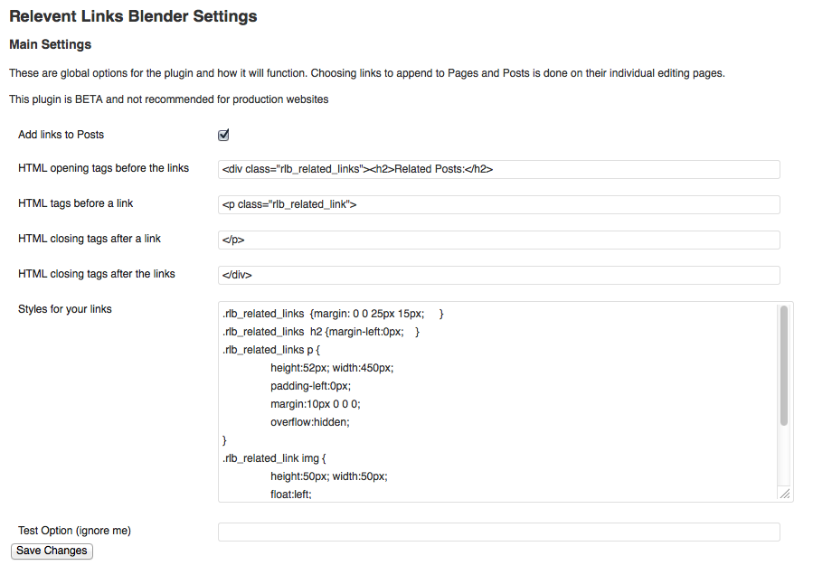 The plugin's options panel where you style your links.