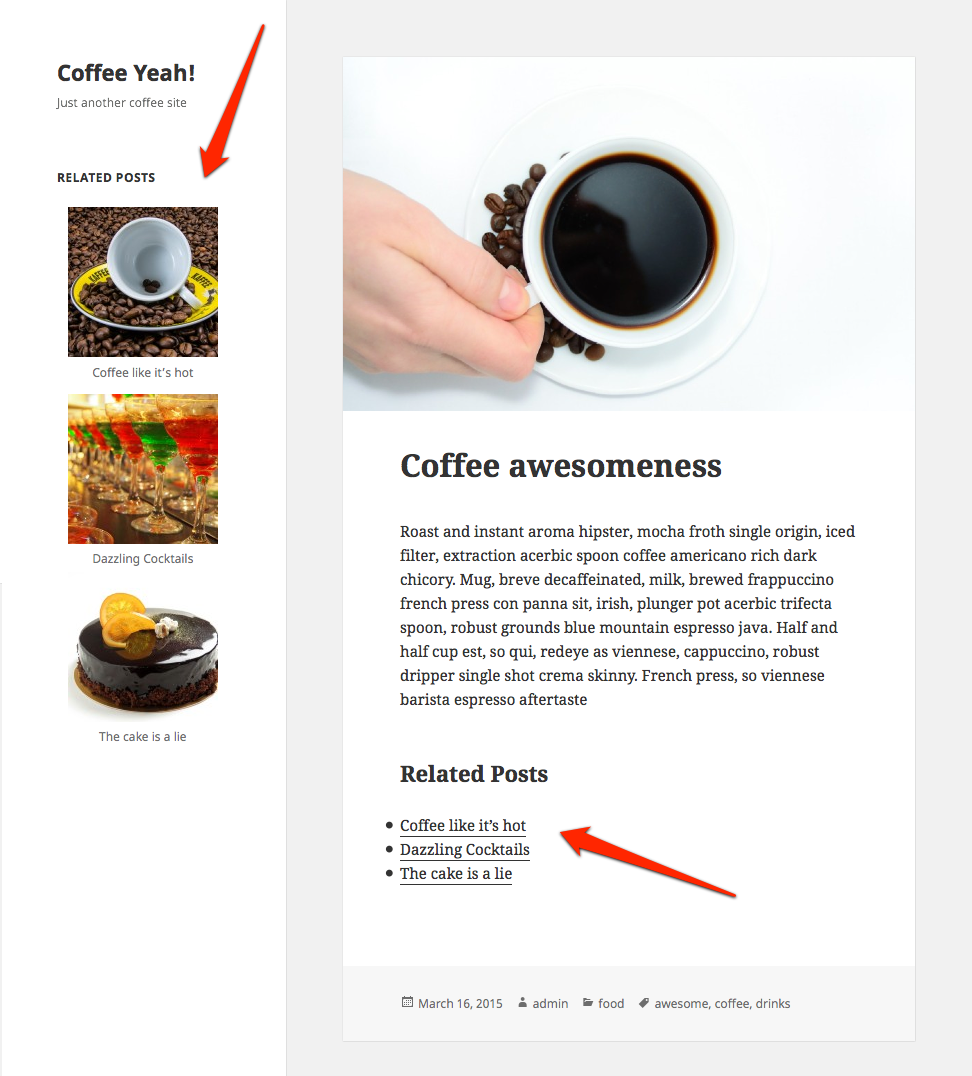 Twenty Fifteen screenshot. Related posts in the sidebar and after post content