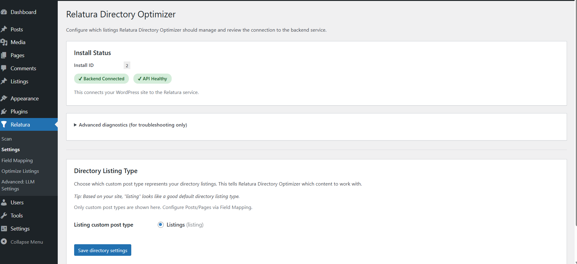 Settings screen showing backend connectivity status and selected directory listing type configuration.