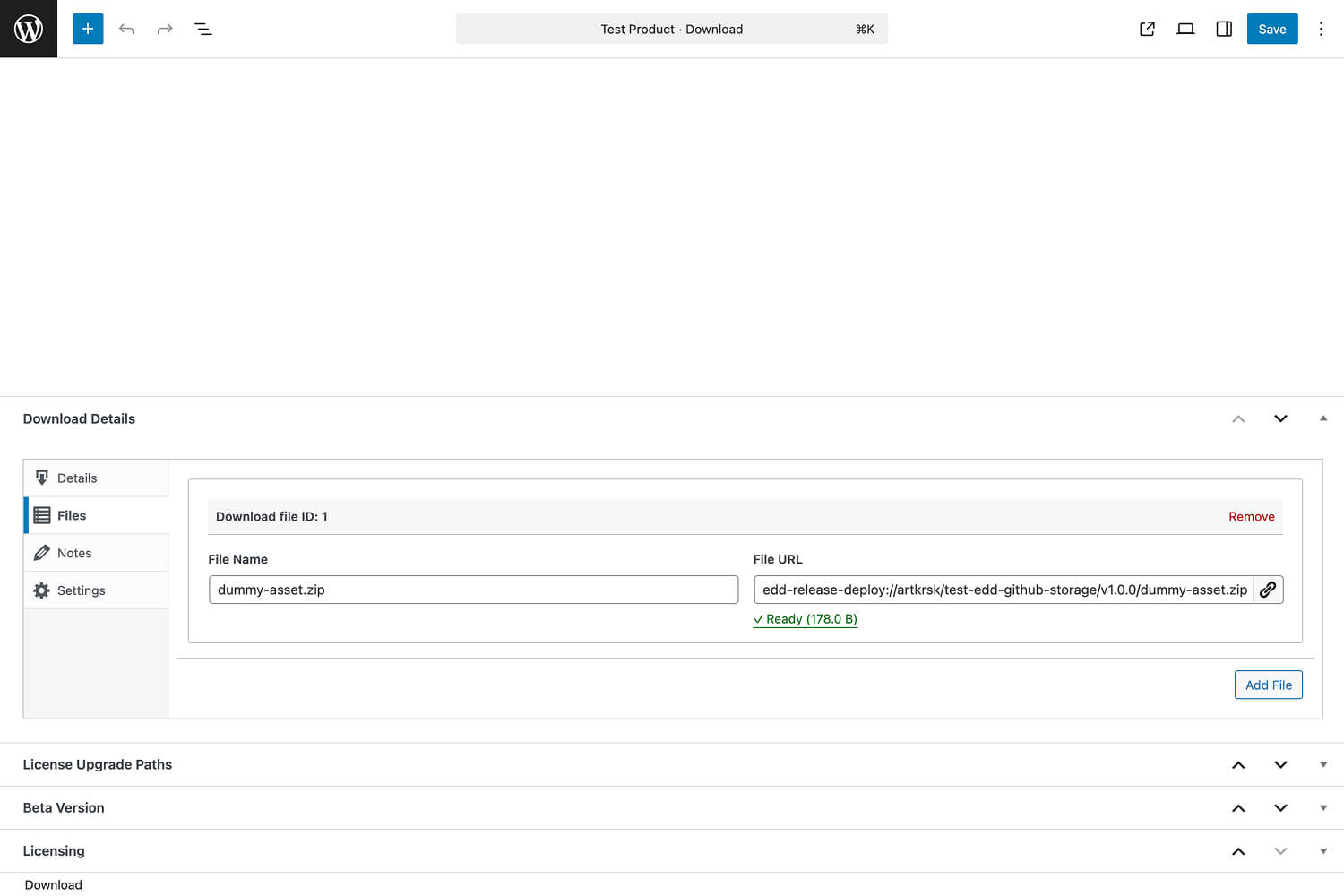 EDD Download Edit Screen - remote GitHub file configured and validated, ready to serve to customers.