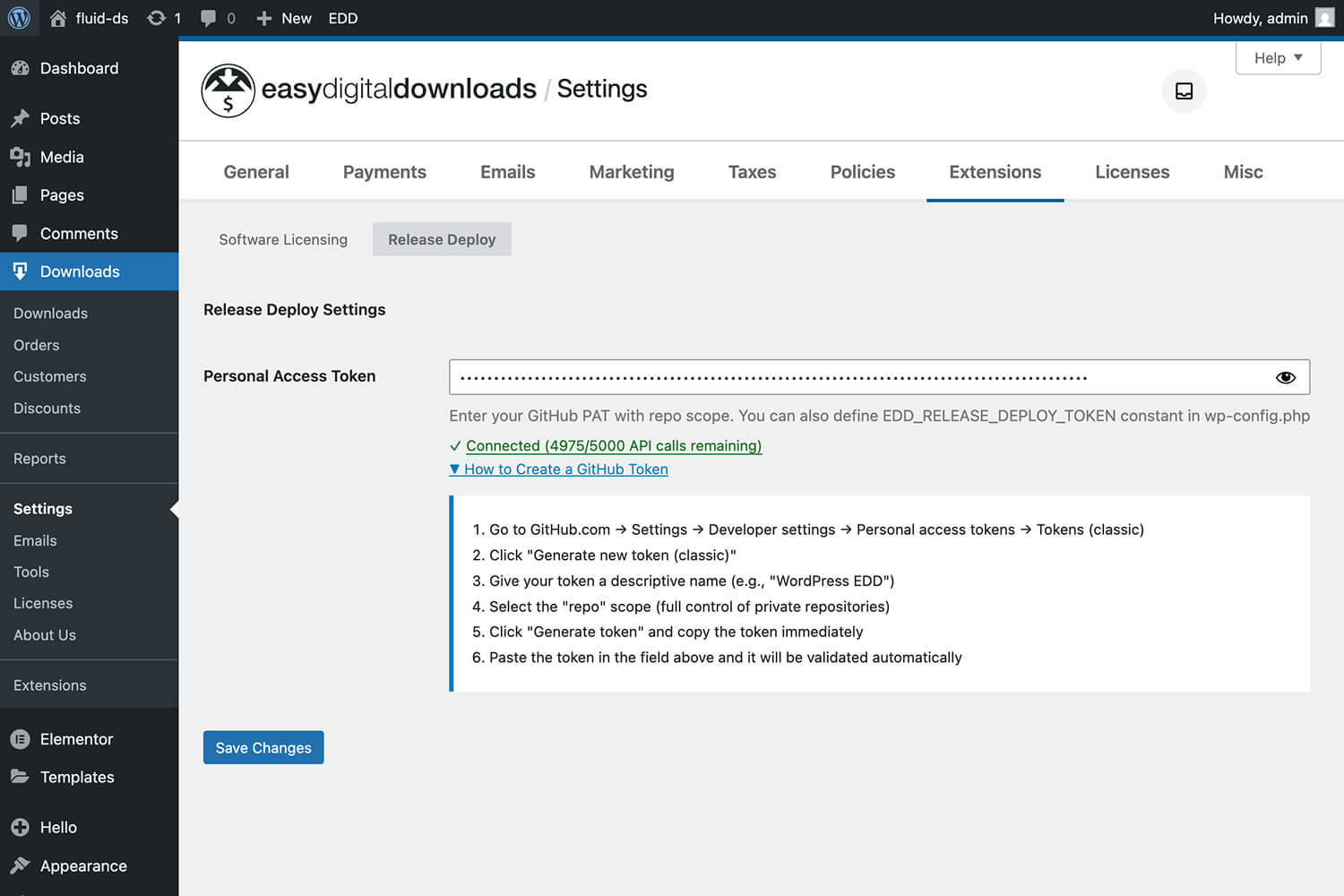 Settings Page - GitHub token configuration with API rate limit monitoring.