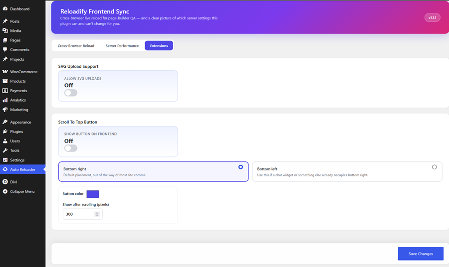 Extensions tab — optional SVG upload support (off by default) and the Scroll To Top floating button controls (position, color, and scroll-distance threshold).
