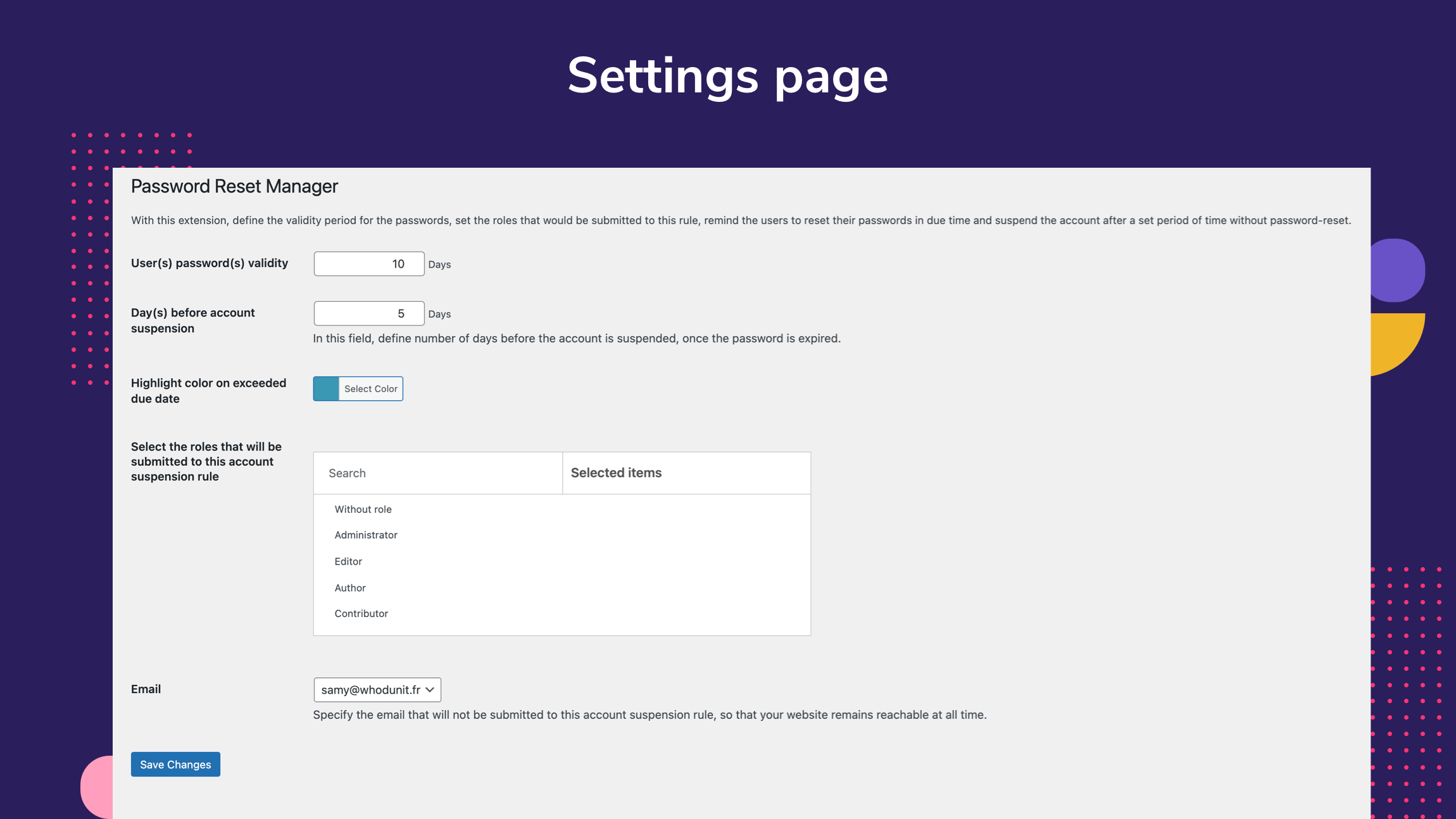 Settings page