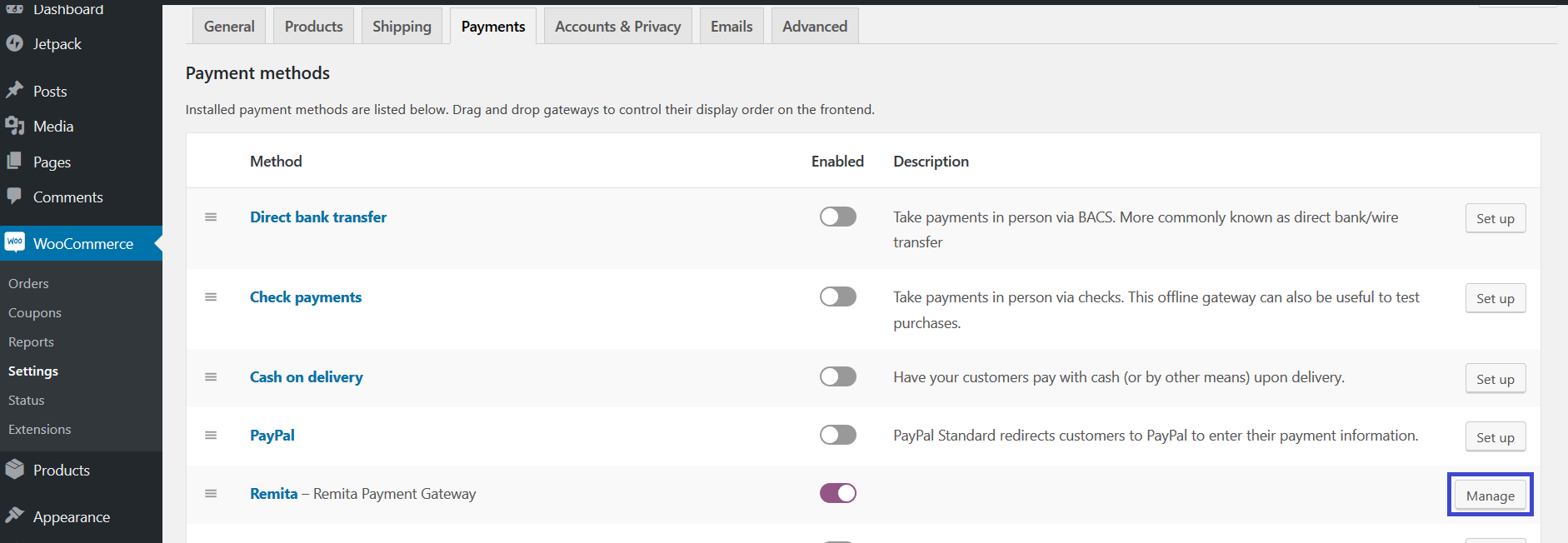 Selecting Remita Payment Gateway method on Woocommerce Payment Settings Page