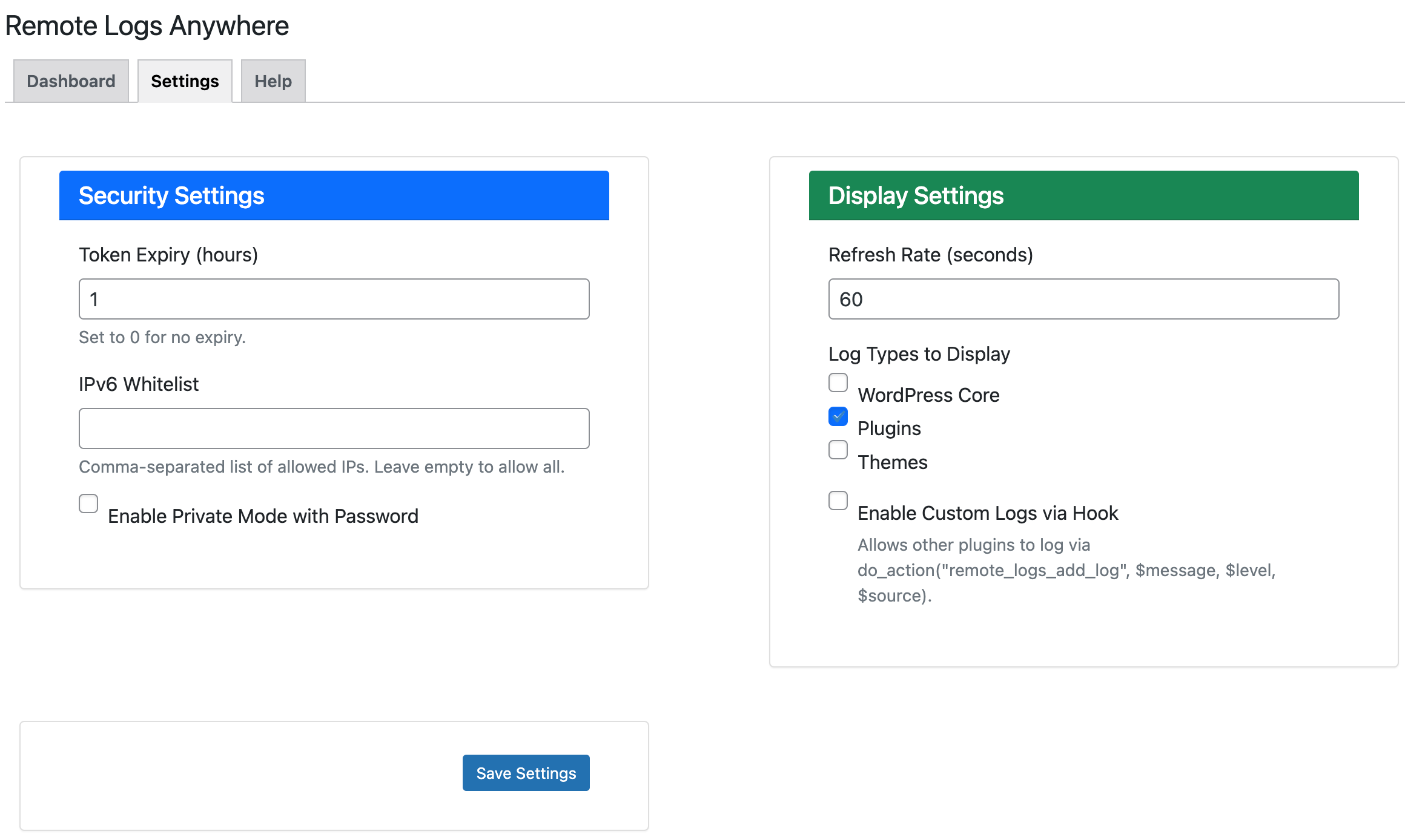 **Logs Panel:** Dashboard to monitor logs.