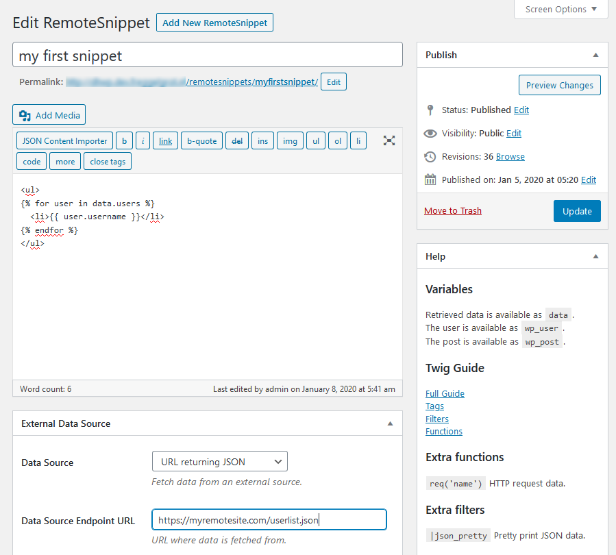 The main screen to configure a RemoteSnippet.