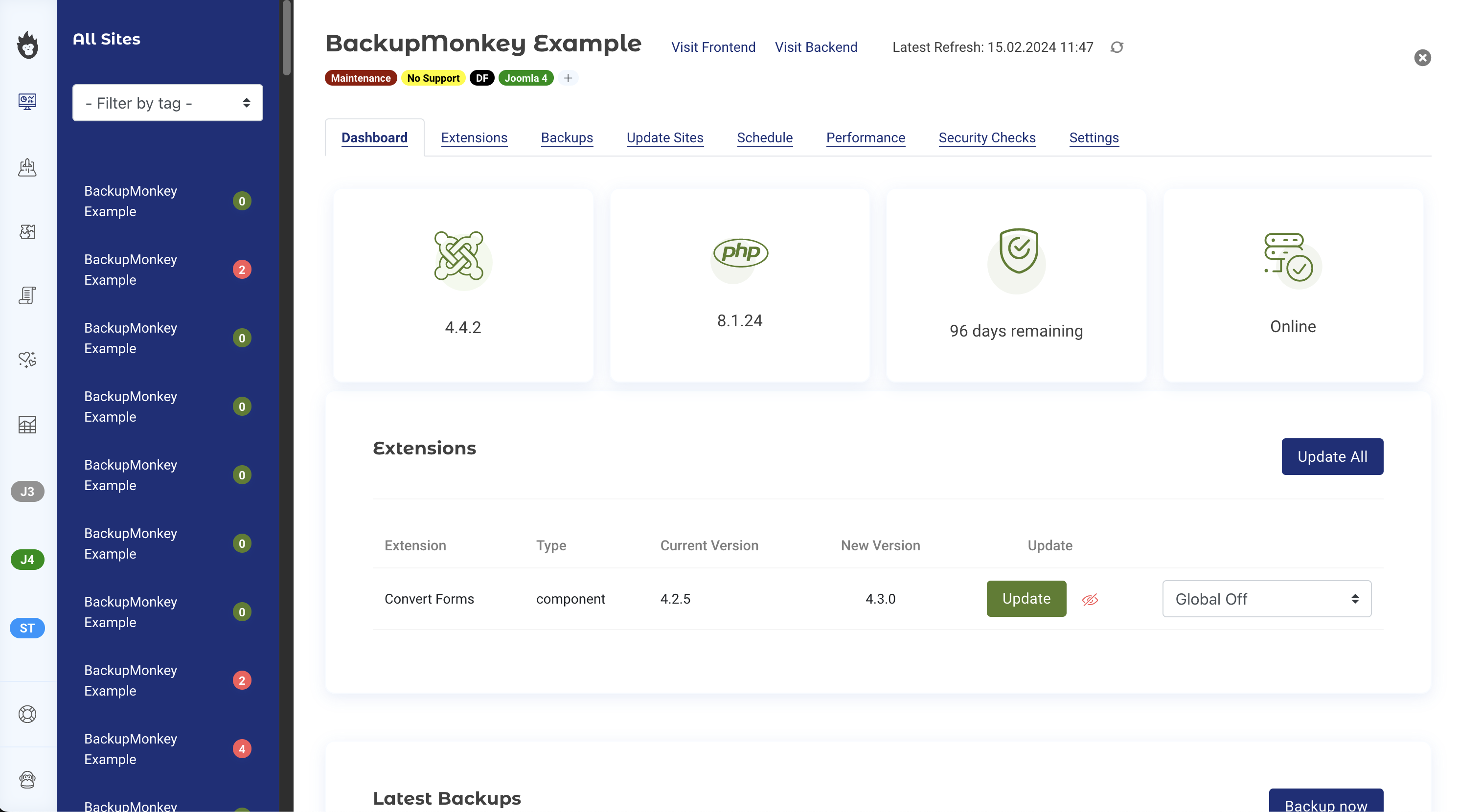 Site detail - Your site information and status at a glance